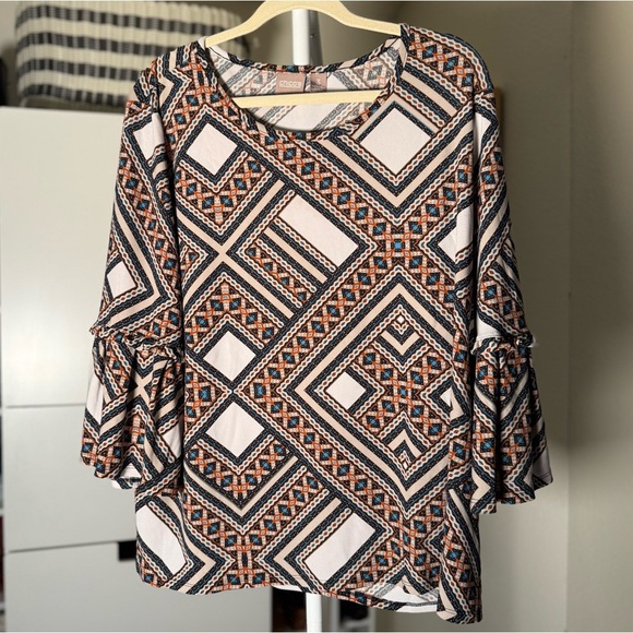 Chico's Brown and Black Graphic Ruffled 3/4 Sleeve Blouse Women’s Plus Size 3 - Picture 1 of 6